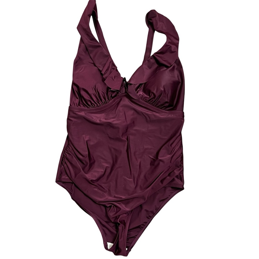 Merona Plus Size Ruffle One Piece Swimsuit V-Neck Adjustable Ruched Burgundy 16W